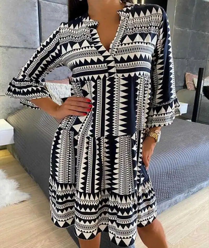 

Spring And Summer Womens Dress Elegant V Neck Geometric Printed Bell Sleeve Skirt