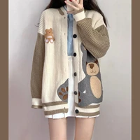 women v neck knitted cardigans sweater spring autumn cute bear loose black embroidery vintage fashion lazy long sleep coat