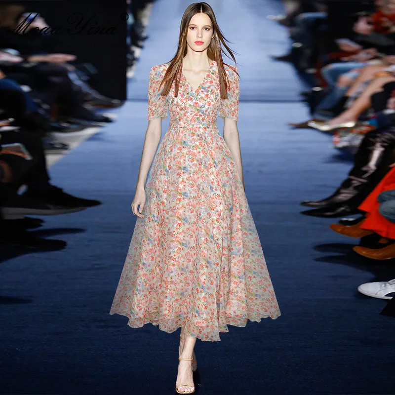 

Fashion Runway dress Summer Women Dress Elegant V-neck Applique Beading Floral print Vacation Chiffon Dresses