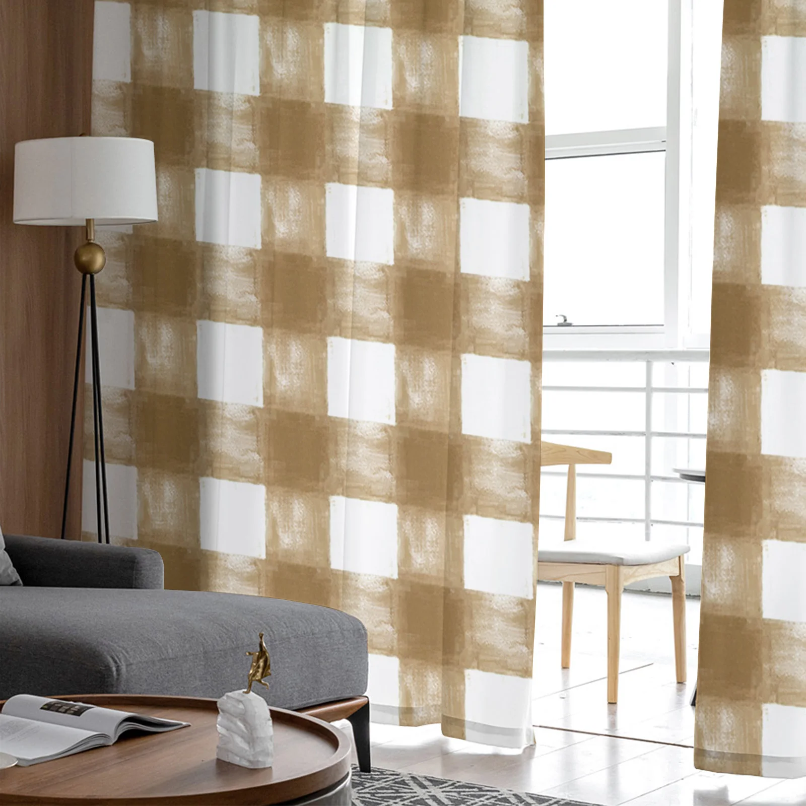 Идиллические коричневые занавески с современной квадратной сеткой из акварели для гостиной, украшенные шторами из вуаля для спальни, декоративные оконные украшения.