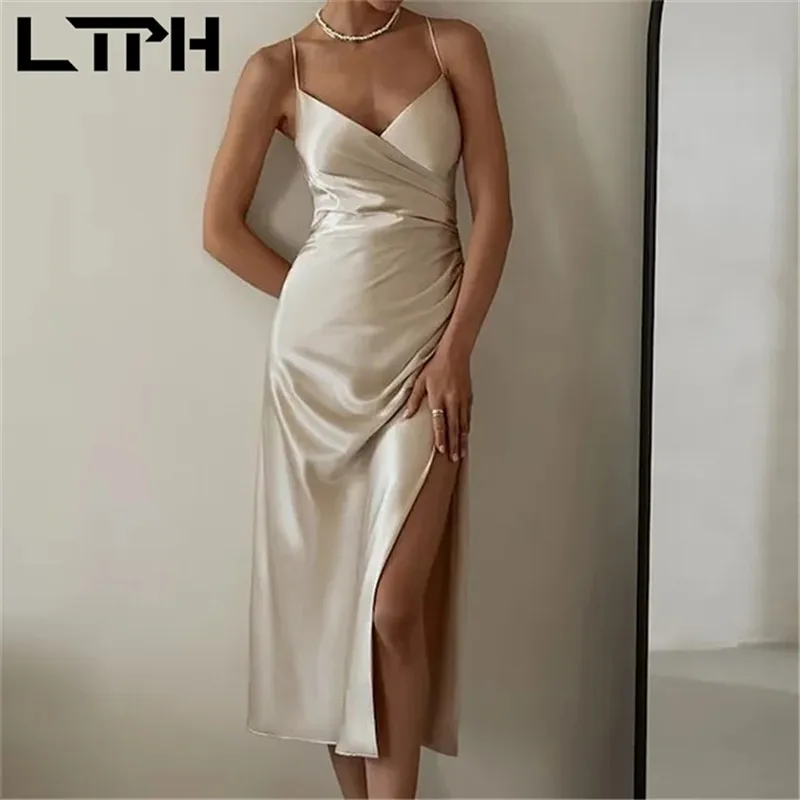 

LTPH temperament long dress women sexy v-neck cross backless slim vintage high slit sleeveless camisole dresses 2022 summer new