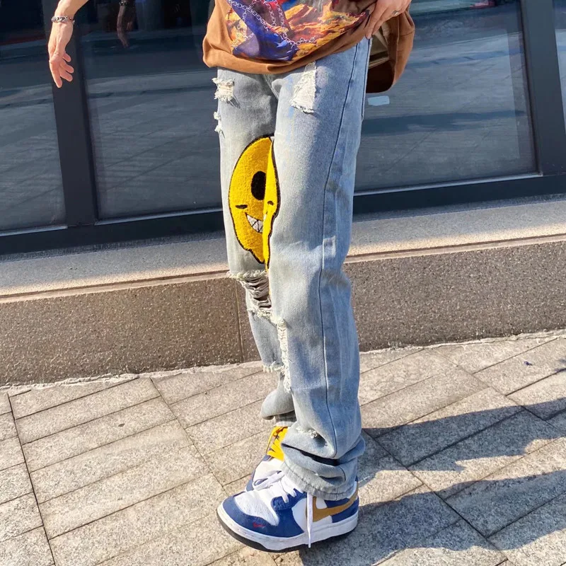 Ropa Smiley Embroidery Hole Baggy Stacked Pants Mens Hip Hop Ripped Jeans Y2K Jean Clothes Goth Denim Trousers Pantalones Hombre