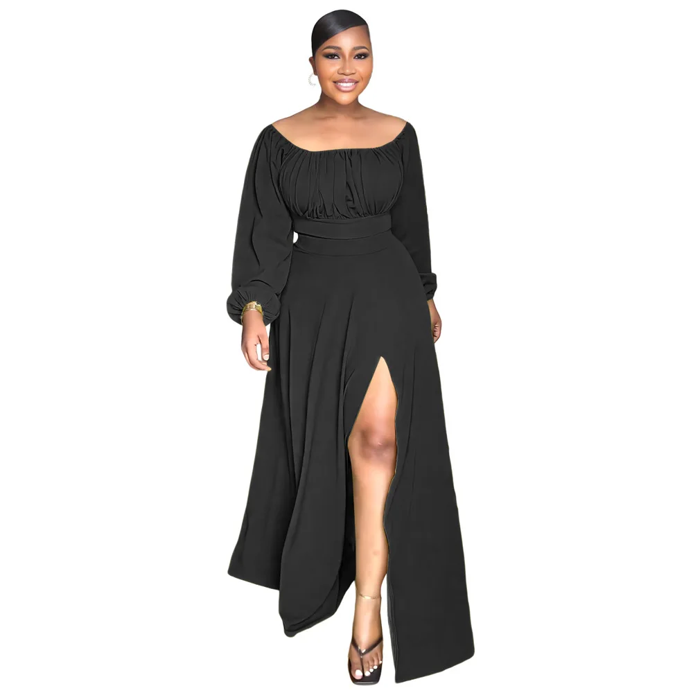 

Casual Women Skirt Set Female 2PCS Outfits Girl's Cropped Long Sleeve Tops Slit Skirt Suit Lady's Two Piece Sets