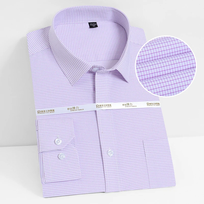 

Bamboo Fiber Soft Men's Social Shirts Long Sleeve Elastic Checkered Formal Shirts for Male Clothing