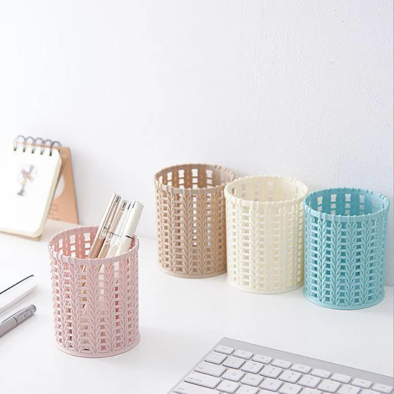 

New Office Organizer Desktop Hollow Cylinder Pen Storage Box Pencil Brush Pot Pen Holder Makeup Brush Plastic Container