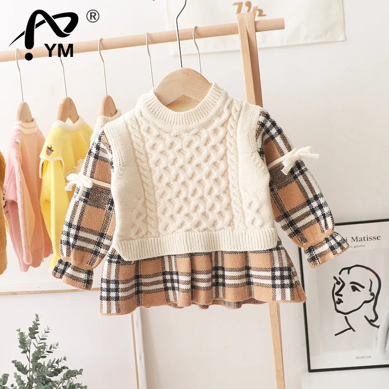 

Новинка, симпатичные теплые клетчатые вязаные платья принцессы с длинным рукавом и бантом, Осень-зима, свитер для маленьких девочек