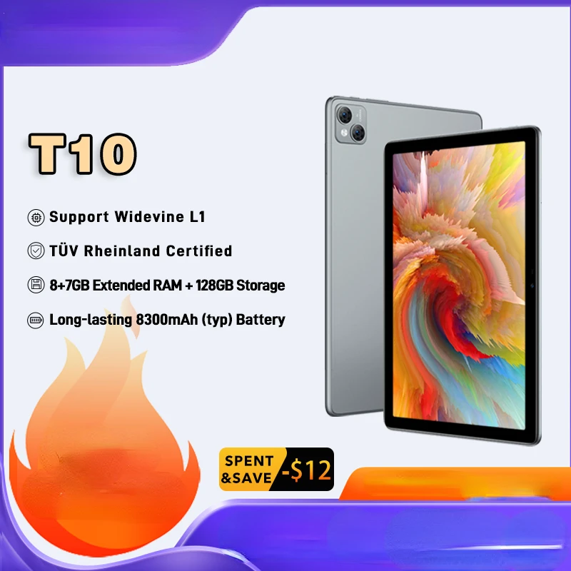 

2023 T10 Tablet 10.1" FHD+ TÜV Rheinland Certified Display 8GB+128GB Octa Core Widevine L1 Android 12 Pad 13MP Camera 8300mAh