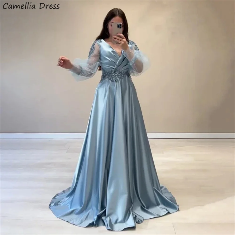 

A Line Puffy Sleeve V Neck Evening Dresses For Women Party Satin Formal Prom Dress Arabic Party Gown Robes De Soirée فستان سهرة