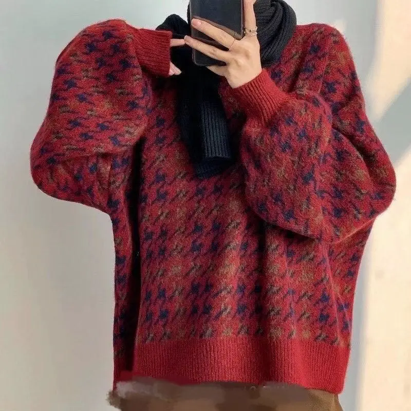

Houndstooth Knitted Pullover 2020 Autumn New Female Korean Fashion Vintage Short Loose Red Outerwear Plaid Sweater Casual Tops