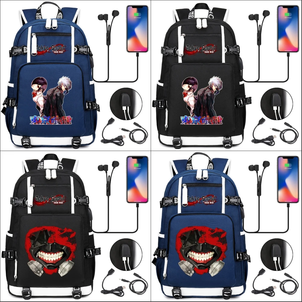

Student Backpack Tokyo Ghoul USB Charging Headphone Teenager Rucksack Canvas Cartoon Schoolbag Travel Laptop Bag
