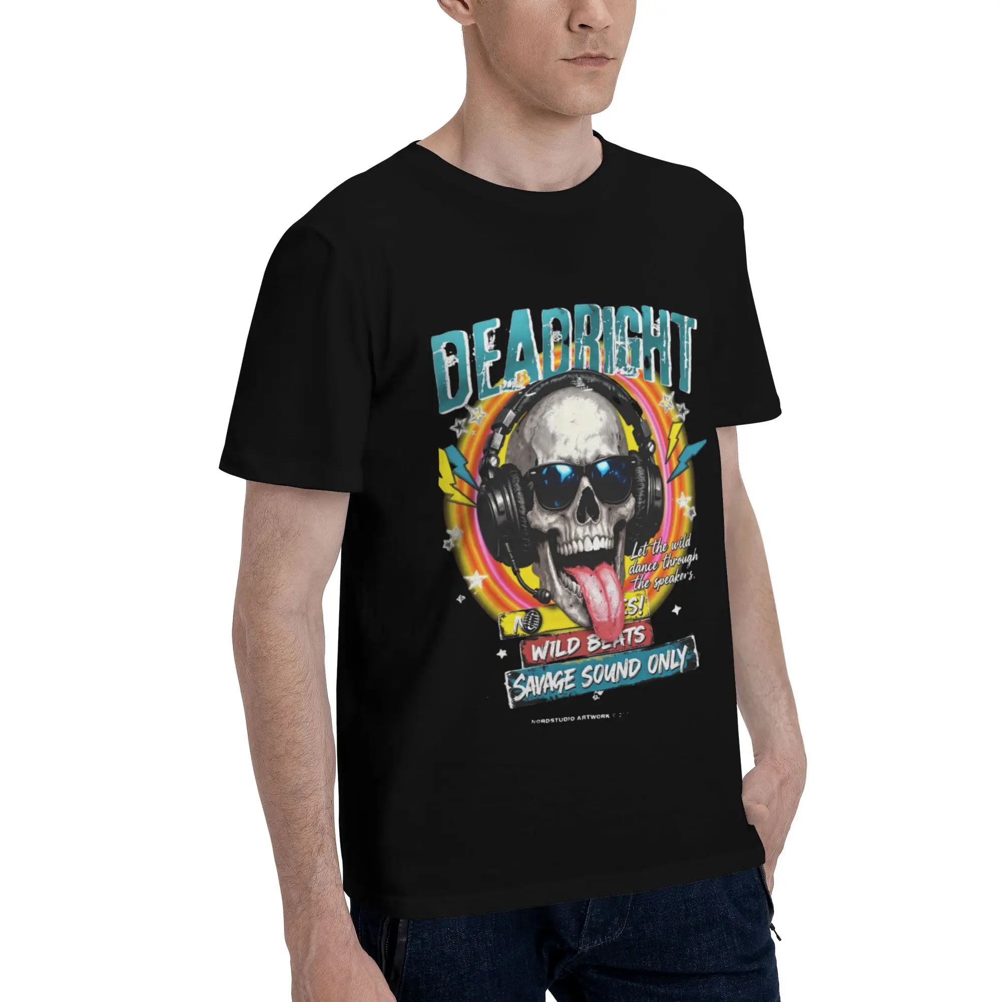 Фото Мужская футболка Deadright Wild Beats Skull With Headphones, оригинальная футболка с короткими рукавами и круглым вырезом, 100% хлопок, новинка, топы №2