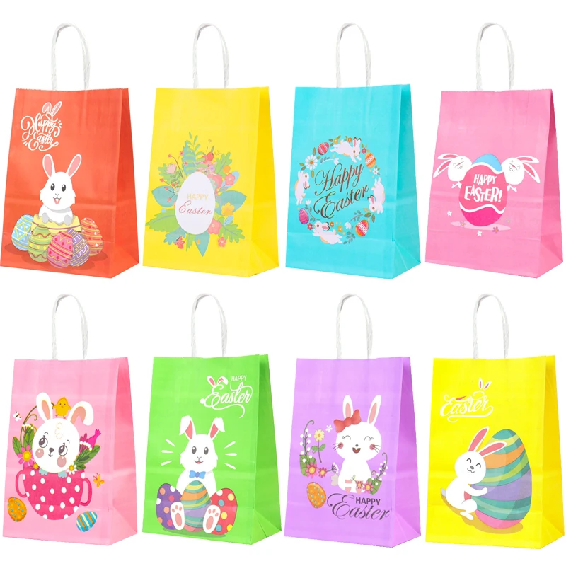 4pcs Happy Easter Bunny Paper Gift Bags Rabbit Eggs Cookies Candy Box Packaging Bags for Easter Party Decorations Kids Birthday