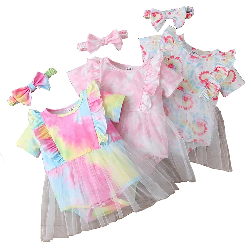 

2022 Summer Newborn Baby Girl Sweet Clothes Sets Mesh Patchwork Short Sleeve Ruffle Romper Dress Headband 2pcs Set Outfit