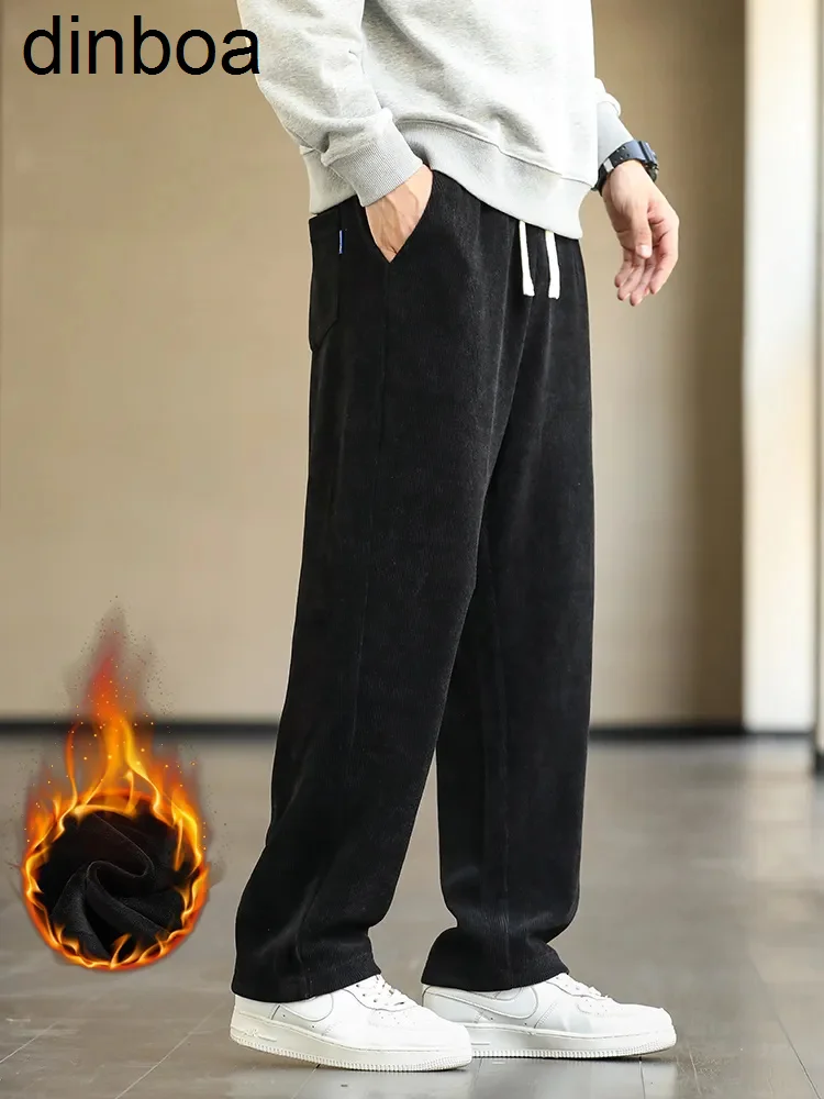 

Dinboa-2023new Winter Men Sweatpants Fleece Lined Thick Warm Wide Leg Track Pants Straight Casual Thermal Trousers Plus Size 8xl