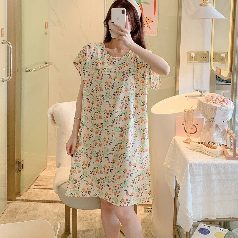 Women's Thin Cotton Nightshirt Short Sleeve Floral Print Round Neck Sleepwear Ladies Nightgown Pajamas Dress Casual Sleepdress