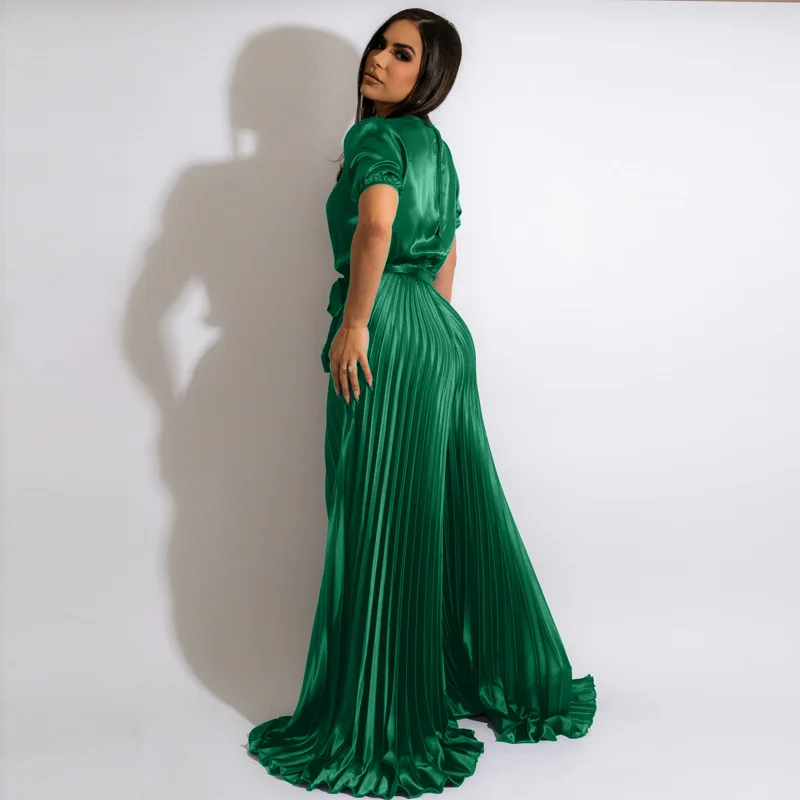 2023 Solid Satin Pleated Wide Leg Jumpsuit Women Deep V Neck Short Sleeve Loose Outfit Party Club Rompers Summer Overalls