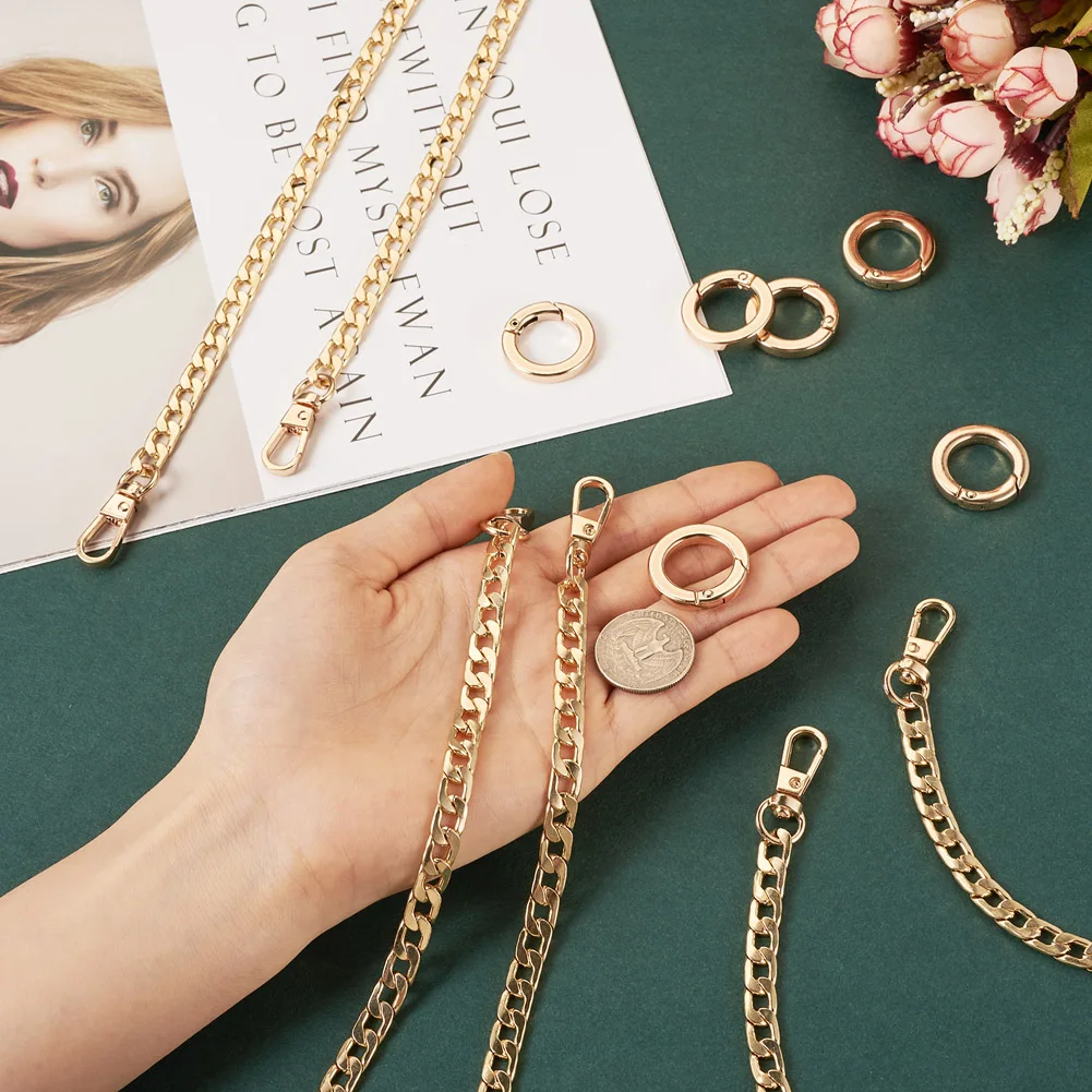3pcs 1.2m Golden Alloy Curb Chain Bag Straps with 6pcs Alloy Spring Gate Rings Buckle Shoulder Strap Bag Replacement Accessories