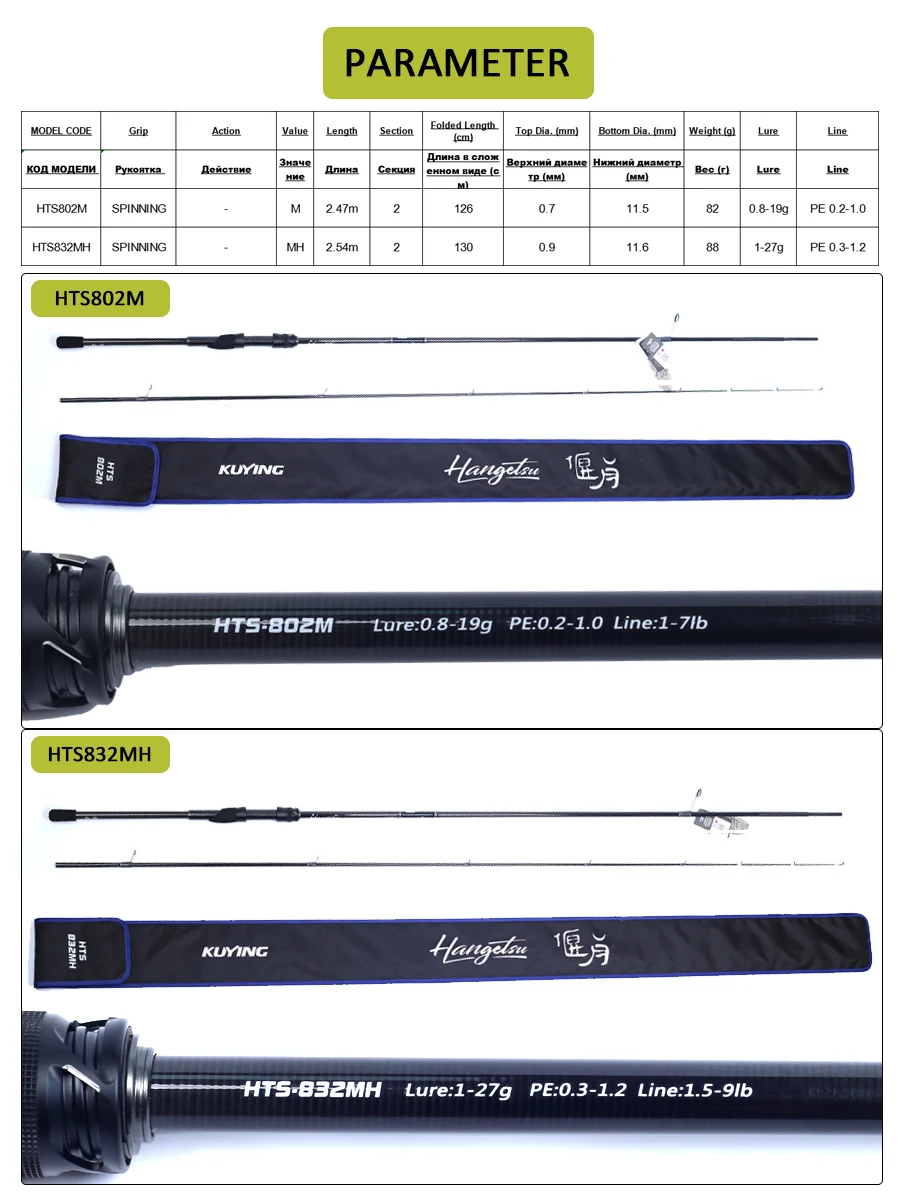 Фото Удилище спиннинговое KUYING HANGETSU Root Bottom Water Rock, 2 секции, для ловли на приманку, HTS-802-M HTS-832-MH, карбон, FUJI SIC, быстрое, цельное №3