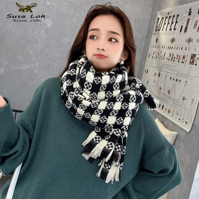 

Женский шарф, шаль, зимний черный и белый шахматный шарф, сохраняющий тепло, имитация кашемира, 2021