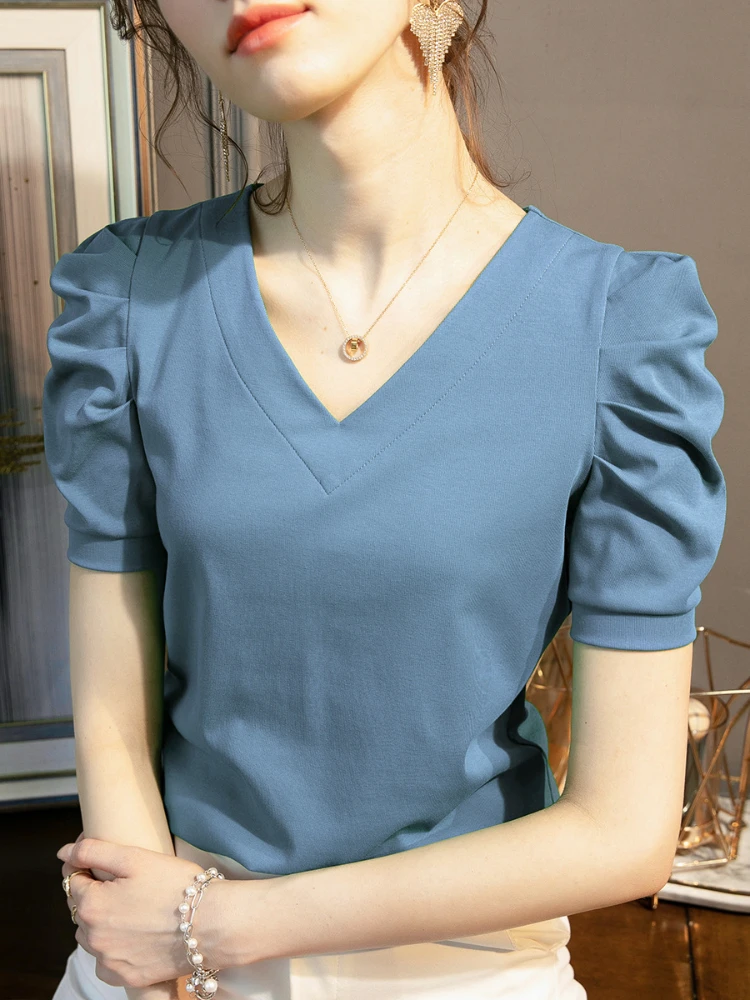 Футболка женская с V-образным вырезом одежда топы коротким рукавом Новинка лета