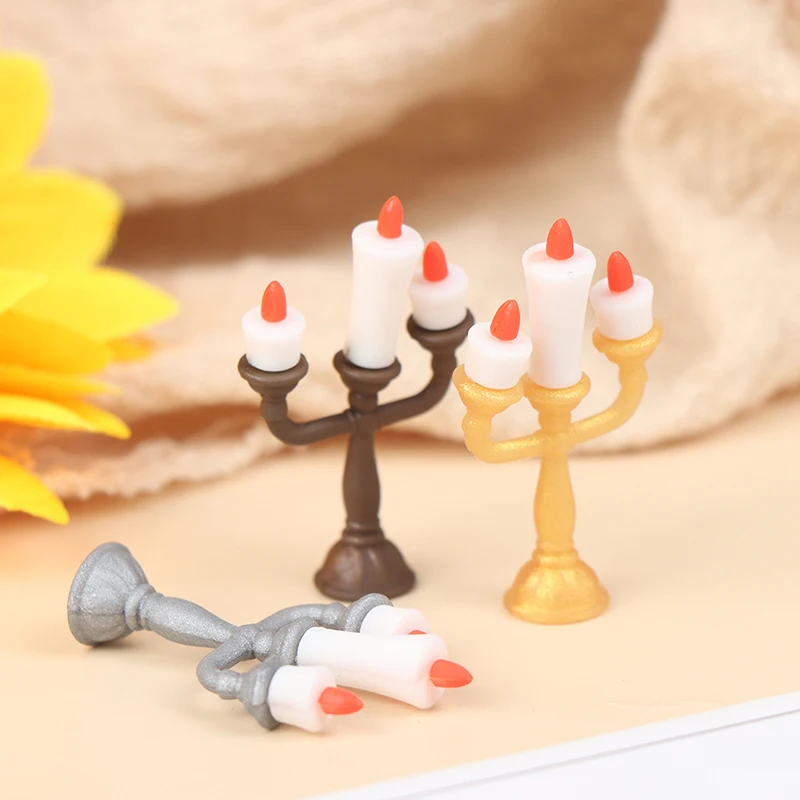 

Dollhouse Miniature Candlesticks Pretend Play 1:12 Scale 3-arm Candelabra White Candles Doll House Accessories Furniture Toy