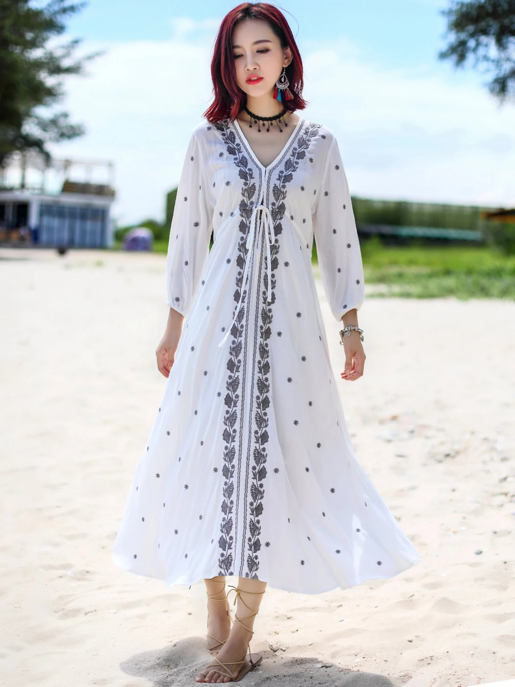 Jastie Vintage Holiday Midi Dress Women Summer V Neck Drawstring High Waist Casual Vestidos Boho Embroidery Beach Dresses 2022