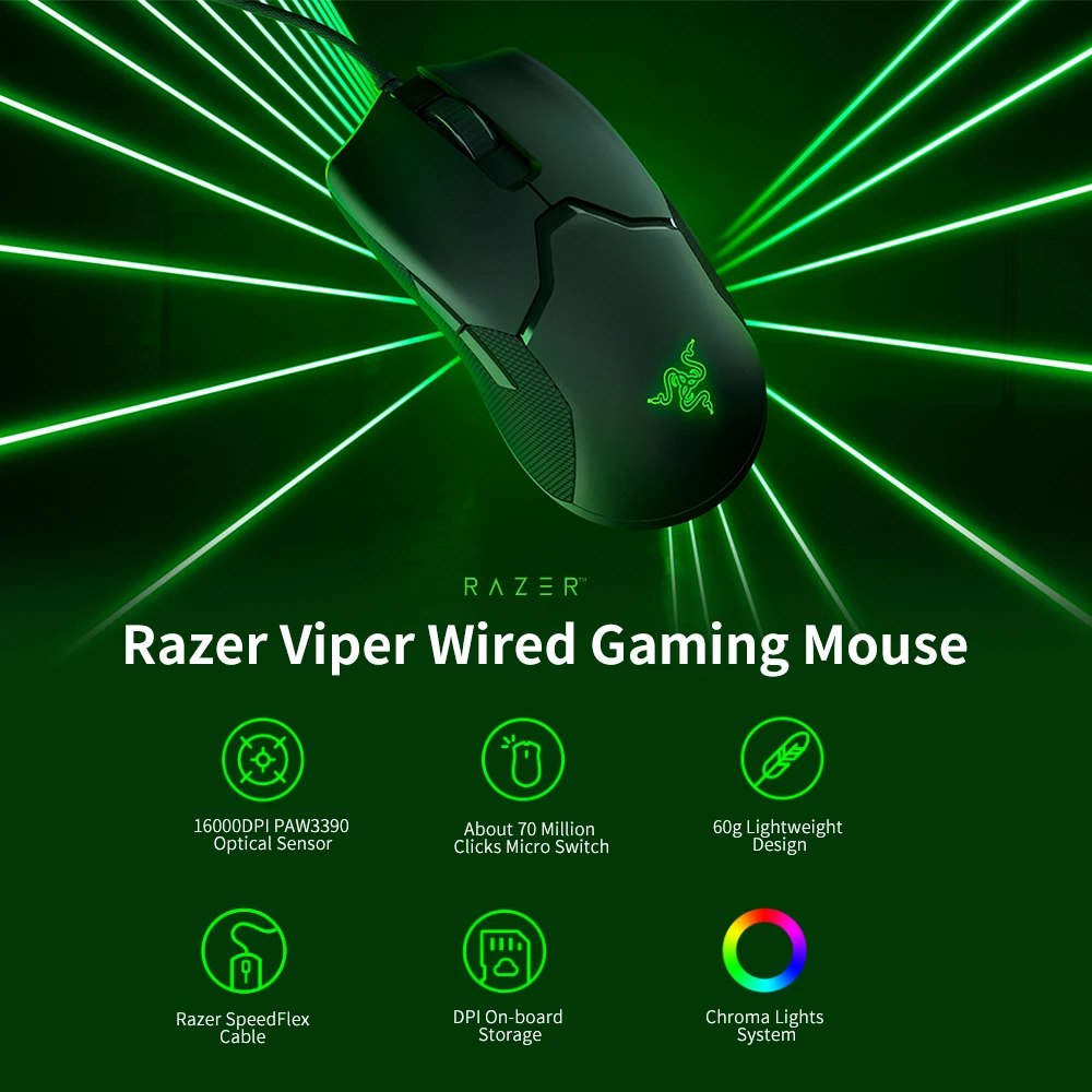 Игровая мышь Razer Viper Ультралегкая Ambidextrous проводная 16000DPI оптический сенсор Chroma RGB