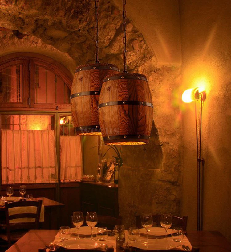 Винтажная Подвесная лампа в виде бочонка креативная из дерева для столовой кухни