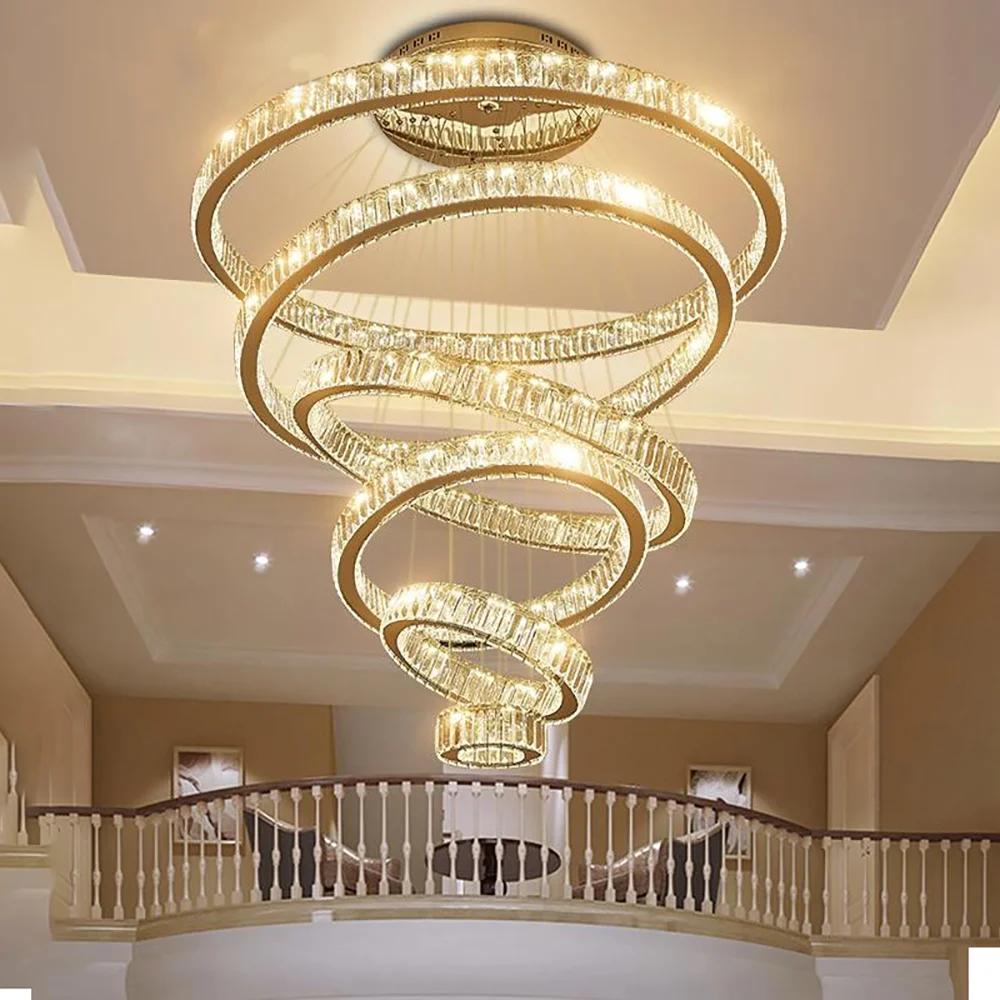 

Chandeliers Light Luxury LED Crystal Staircase Modern Ring Design Cristal Hanging Pendant Lamps Long Villa Lobby Indoor Lighting