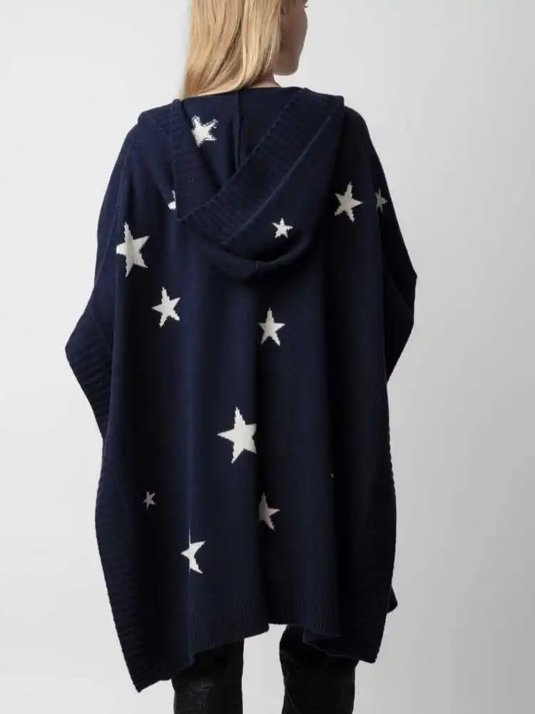 

2023 New Cashmere Batwing Sleeve Cloak Sweater Star Jacquard Design Classic Hooded Knitted Jacket