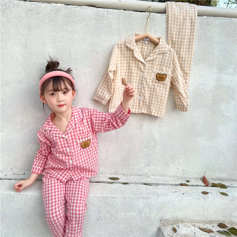

Хлопковая клетчатая одежда для сна в Корейском стиле для мальчиков и девочек, повседневный костюм, детская пижама с принтом на весну, 2022
