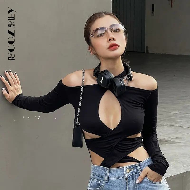 

BoozRey Solid Black Hollow Out Sexy Bodysuits Long Sleeves Aesthetic Fashion Slim Playsuits Halter Neck Women's Overalls