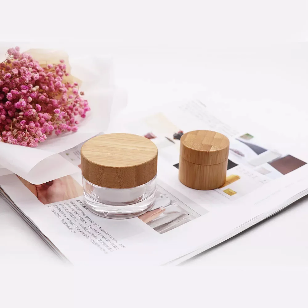 Wholesale 30/50g Empty Refillable Acrylic Cream Jars Natural Bamboo lids Cosmetic Sample Container Glass Jars for Body Butter