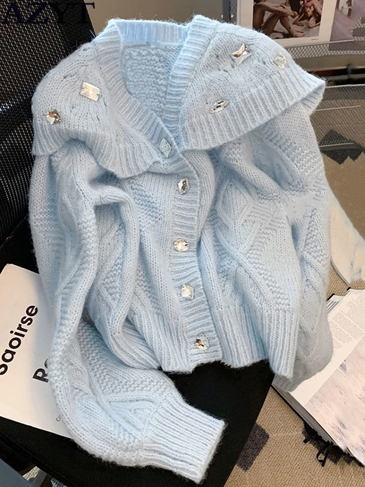 

AZYT Korean Loose Soft Knit Female Cardigan Chic Buttons Blue Sweater Coat 2022 Autumn All Match Knitwear Tops Women
