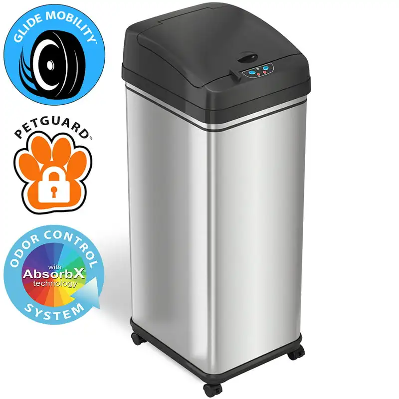 

Glide 13 gal Stainless Steel Sensor Kitchen Garbage Can with Wheels & Odor Control Garbage Bin Kitchen Bathroom Toilet Trash Can