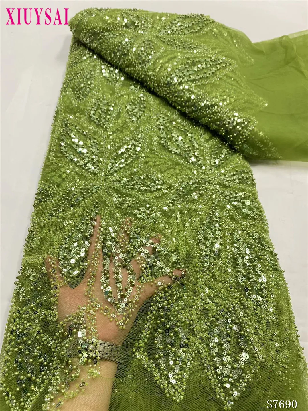 

African Lace Fabric 2024 Handmade Beaded Lace Fabric France Sequins Nigerian Embroidery Bridal Mesh Lace Fabric For Sewing