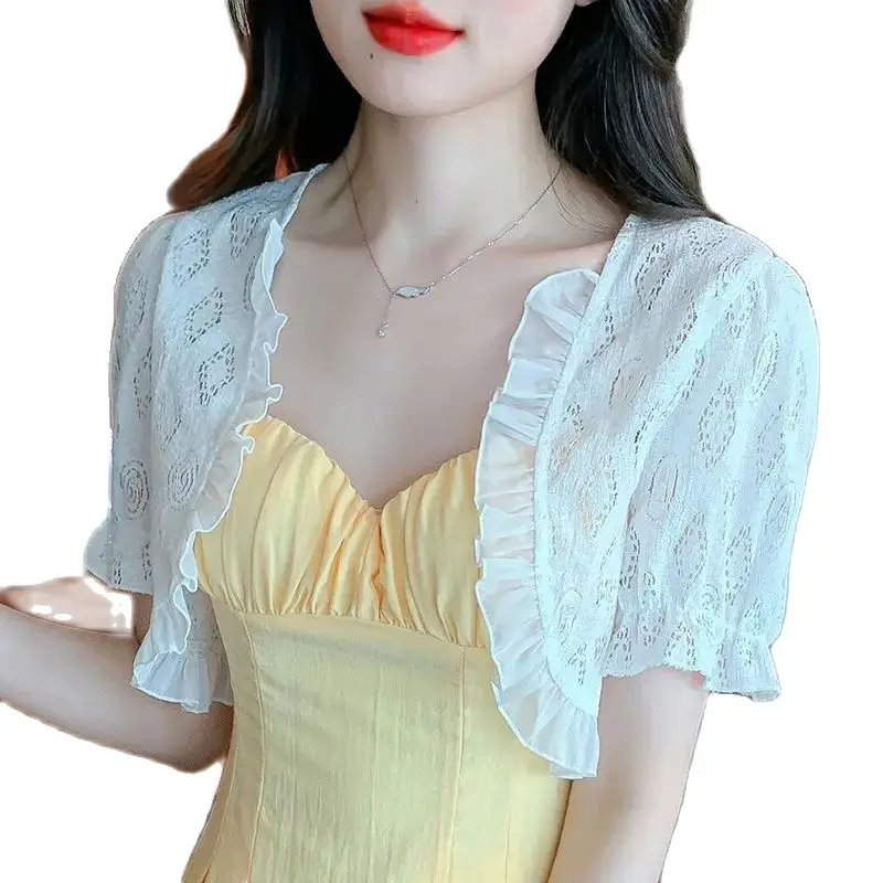 

Sweet Pink Lace Bolero Shrugs for Party Dress Summer Women Clothes Short Sleeve Elegant Cardigan Top Shawls Basic Coat Jackets
