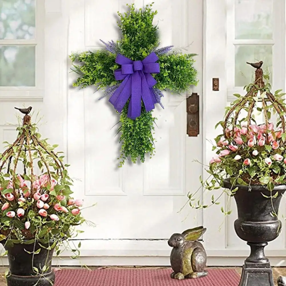 

Easter Cross Wreath Front Door Window Hanging Garland Lavender Eucalyptus For Home Party Decoration Purple Color B3F0