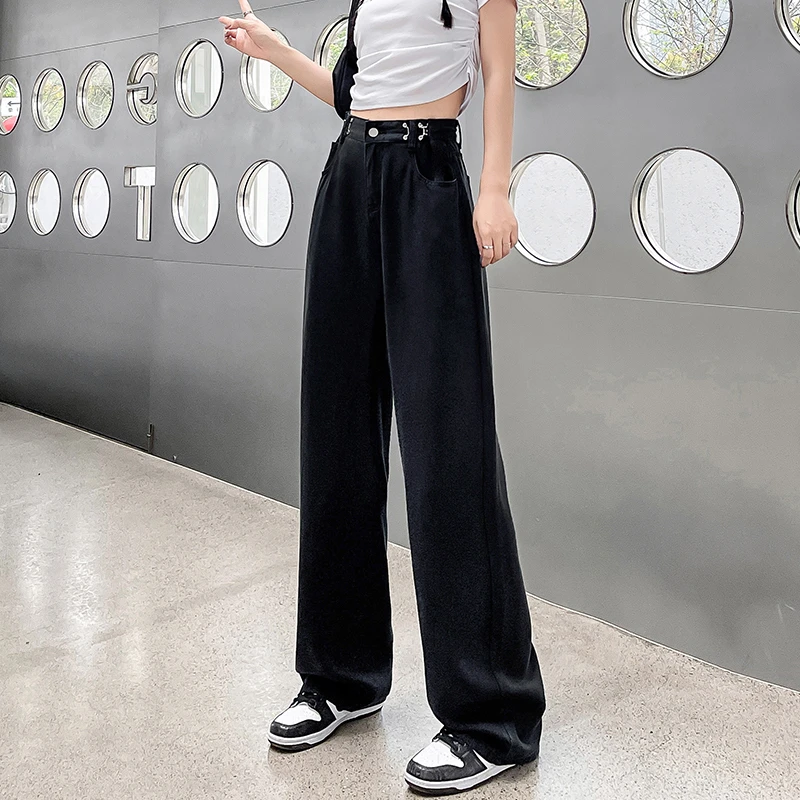 Jeans Women's Pants Black High Street Summer 9-point Pants Versatile Loose Wide Leg Pants Versatile Adjustable Draping