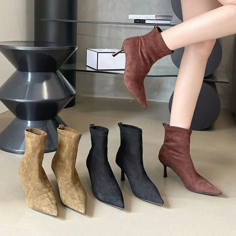 

Женские Брендовые ботильоны без застежек, черные туфли-лодочки с острым носком, тонкие высокие ботинки челси, зимний сезон