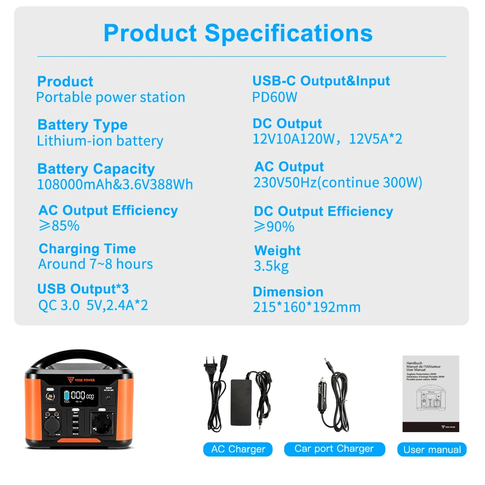 Portable power station lithium-ion battery 108000mAh Outdoor Energy Power Supply Yose power 230V AC Output Solar panels charger