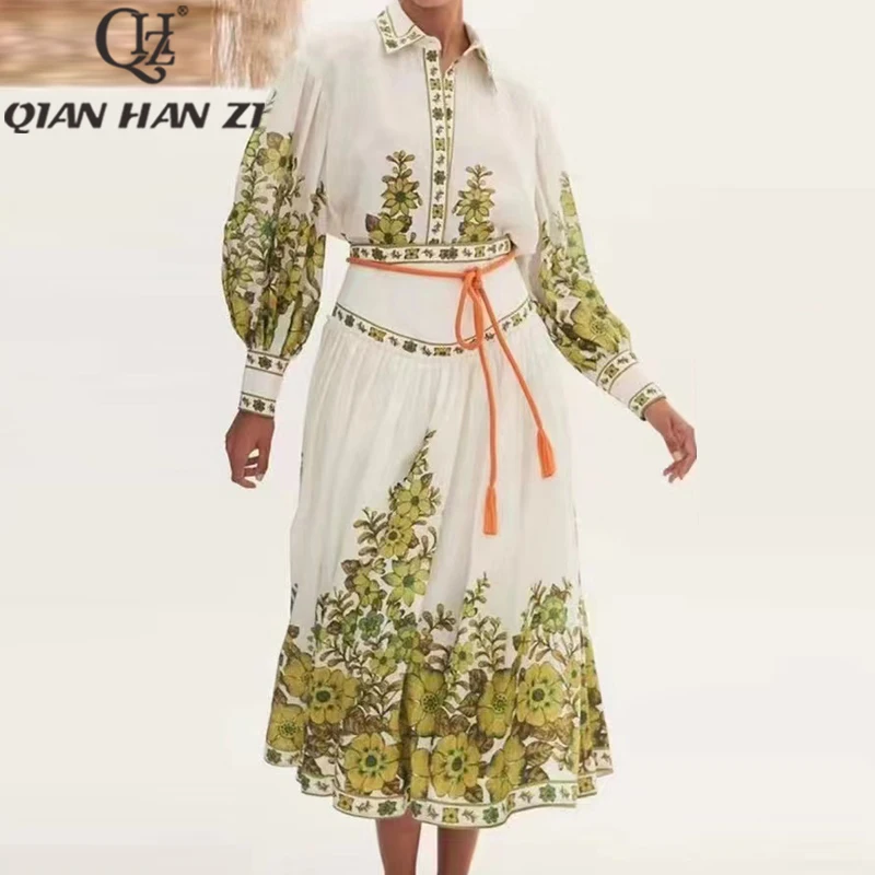 QHZ new Designer Fashion Women's 2-piece set Lantern sleeve Single breasted shirt and Retro flower Printed long skirt suit
