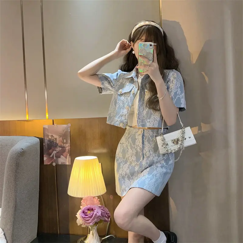 

Summer Blue Denim Skirt Suits Women Fashion Vintage Sweet Short-sleeved Single-breasted Short Tops Mini Skirt 2pcs Matching Set