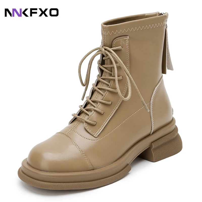 

Autumn Winter Women Ankle Boots Leather Fashion Ladies Low Square Heels Lace Up Shoes Woman Black Beige Ankle Boots vc4997