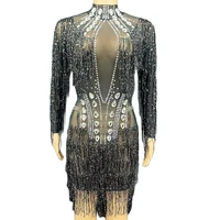 black gauze shining tassel rhinestones sequins perspective zipper women dress latin stage dance club ballroom party bar clothes