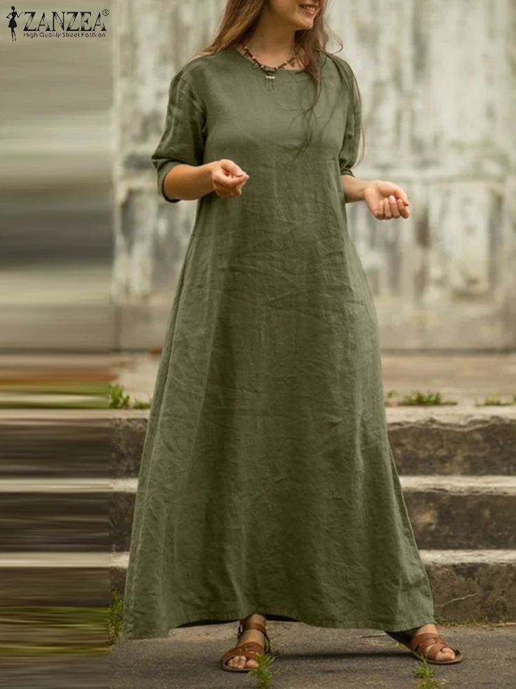 

Women's Dresses 2022 ZANZEA Causal 3/4 Sleeve O Neck Vestidos Spring Holiday Maxi Sundress Oversized Work Kaftan Female Robe