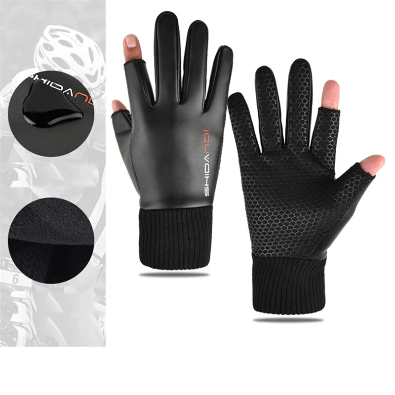 

Men's Gloves Autumn Cycling Winter Two-Finger Velvet Warm Non-Slip Male Waterproof Sports Touchscreen Hiking Fishing Gloves