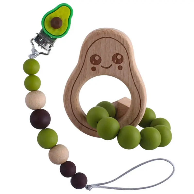 

Baby Pacifier Chain Beech Wooden Avocado Bracelet Teether Nipple Dummy Clip Holder Infants BPA Free Silicone Beads Teething