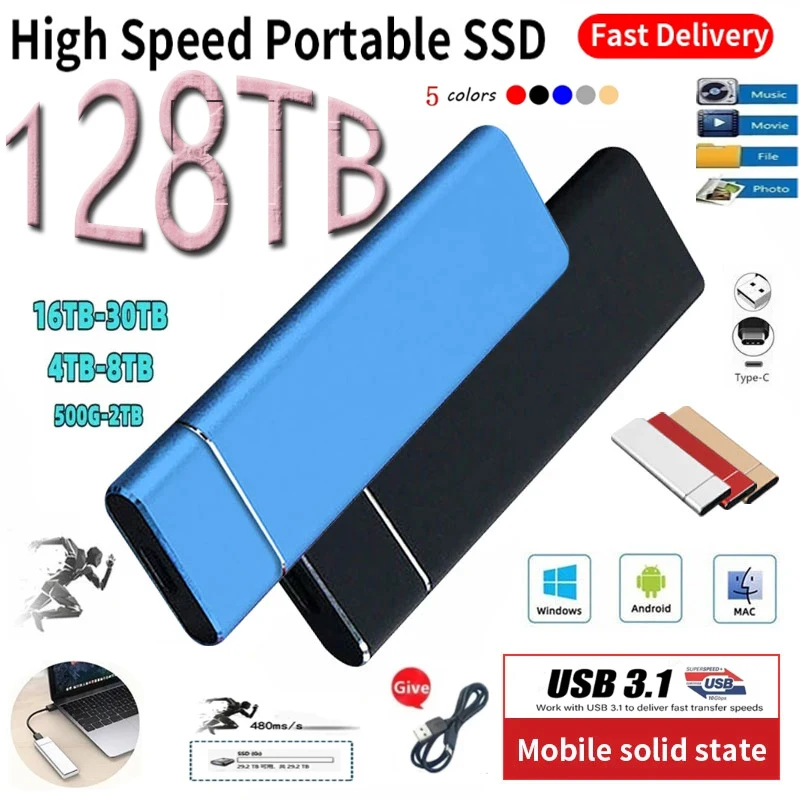 

High-Speed 2TB 4TB 8TB 16TB 64TB SSD Portable External Solid State Hard Drive USB3.1 Interface Mobile Hard Drive for Laptop Mac