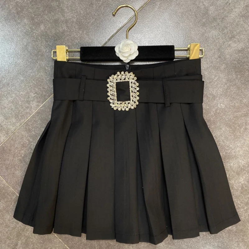 

Summer 2022 Diamonds Buckle Belt High Waist Short Mini Pleated Skirt Fashion GC927